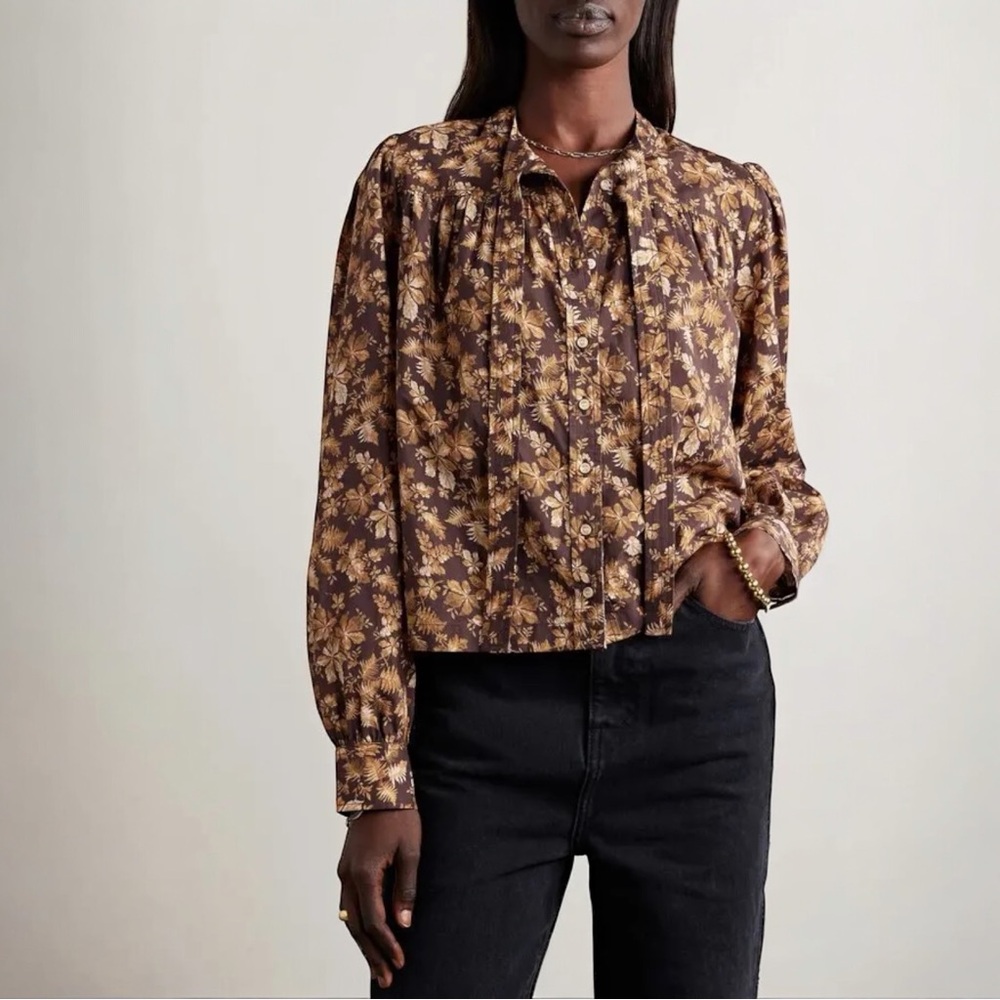 Doen Norma‎ Long Sleeve Floral Bow Collar Micro Pleat Button Up Blouse